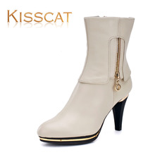 KissCat接吻猫专柜正品女鞋小牛皮高跟防水台中靴子K658-03