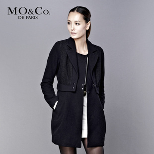 MO&amp;Co. 摩安珂 M104OVC05纯色长款羊毛呢外套 修身型毛呢大衣
