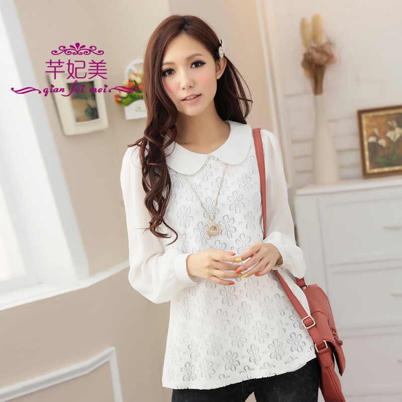 韩版蕾丝拼接翻领长袖...