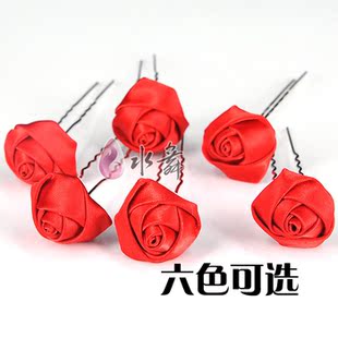  1组6个 怒放玫瑰缎带花朵韩式新娘发饰盘发簪子结婚头饰套件饰品