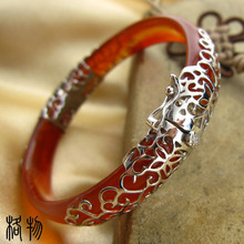 天然红/黑玛瑙手镯-925银长青藤镂花纹 银手镯银镯子手链 正品