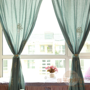 蓝色刺绣镂空粗布艺窗帘蕾丝，边穿杆帘客厅，卧室阳台成品窗帘