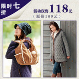 2012年春新薄款棉衣外贸日单日本原单带帽中长款菱形格子棉服外套