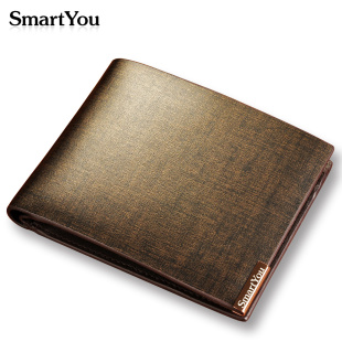  SmartYou男士钱包短款牛皮 潮男皮夹金砂商务男式横竖款 免费刻字