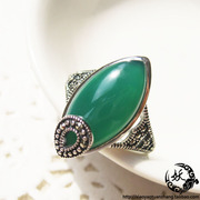 泰银戒指925纯银天然绿玛瑙戒指食指，复古奢华镶嵌马克赛女款