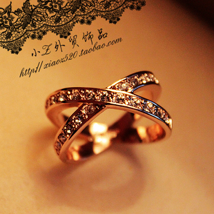  小Z外贸饰品★独一造型！交叉水晶戒指 复古镂空钻戒 尾戒