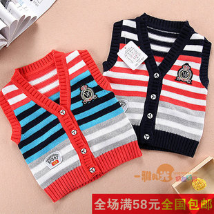  满58包邮12秋冬Y248纯棉线 条纹宝宝马夹 儿童针织衫马甲毛线背心