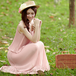 妮以2012夏装 新款女装韩版吊带雪纺百褶裙连衣裙波西米亚中长裙