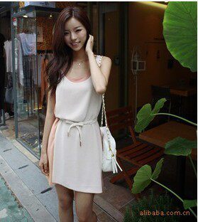 夏季2012新款韩版女装cherrykoko百搭双色拼接背心连衣裙配腰带