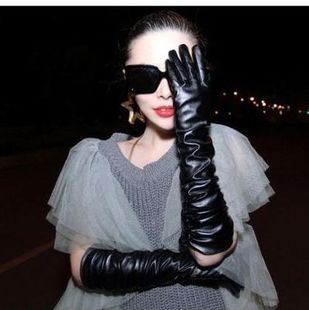 冬季手套韩版女式长款过肘仿皮长手套保暖手套长版皮黑色白色手套