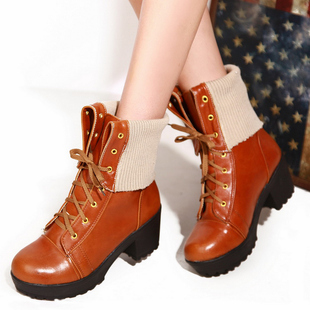  秋冬包邮马丁靴 欧美系带踝靴圆头粗跟短靴防水台裸靴女靴子