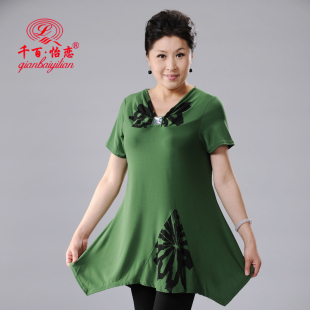  千百怡恋夏季新品中老年韩版长款T恤大码女装中年妈妈装夏装