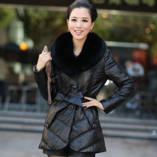  海宁皮衣 超大狐狸毛领 绵羊皮真皮羽绒服 女中长款修身 羽绒皮衣