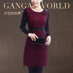  甘甘冬季连衣裙 秋冬款连衣裙 长袖大码蕾丝女装打底毛呢裙G533