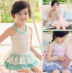  特价韩国童装女童夏装新款纯棉蕾丝花边吊带衫外贸儿童T恤
