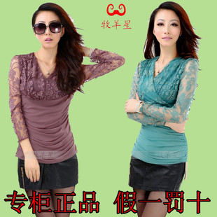  秋装牧羊星 女士长袖T恤雪纺蕾丝衫显瘦镂空时尚女装百搭上衣