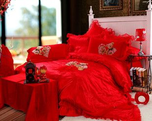  床品全棉九件套新嫁娘婚庆床品床罩结婚套件床上用品*熊宝宝