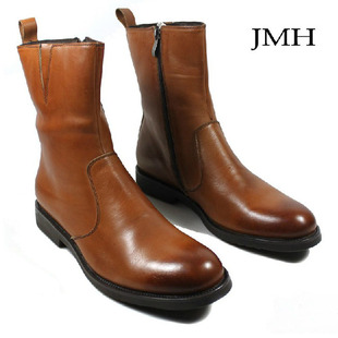  促销 欧版真皮男靴 男式中筒靴 英伦潮流男士圆头拉链牛仔靴 马靴