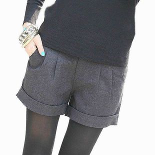 新高品质秋冬新品韩版休闲女裤卷边翻边毛呢宽松短裤大码靴裤