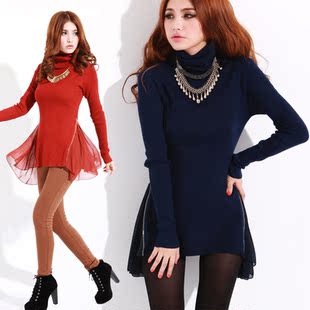 罗衣  2012春装新款 高领雪纺拼接修身打底衫 女毛衣AE701