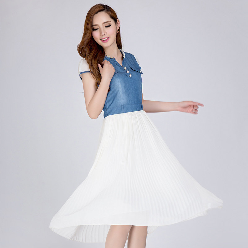2014<em>夏装女装牛仔</em>长裙子短袖雪纺<em>连衣裙</em>--<em>淘宝</em>