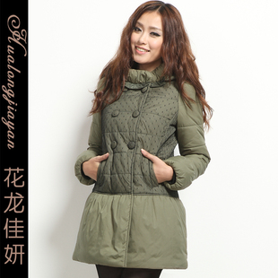  花龙佳妍 长款女士棉衣冬新款军绿女装外套 韩版修身棉袄棉服