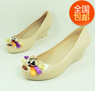  水晶果冻鞋凉鞋鱼嘴糖果女式塑胶雨鞋蝴蝶结中跟坡跟塑料女鞋单鞋