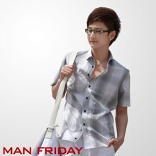 ManFriday渐变黑灰白格纹男士休闲短袖衬衫/衬衣