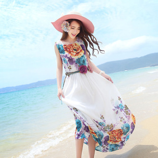 夏季波(夏季波)西米亚风格，长裙无袖圆领时尚雪纺连衣裙，碎花色高腰大摆裙子