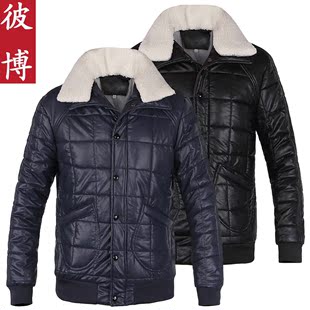  冬装新品韩版男装棉衣外套PU皮短款修身羊羔毛领男士加厚棉服