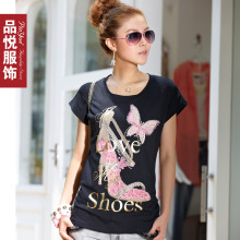 品悦2012新款夏装女装 修身休闲百搭镶钻圆领短袖T恤6013