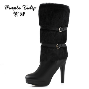 紫郁冬季新款高跟女靴真皮中筒靴子欧美牛皮兔毛粗跟马丁靴女