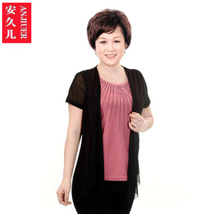  安久儿 中老年女装夏装新款中年女装短袖t恤时尚妈妈装假两件
