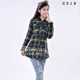 LAVROHOR正品新春款英伦女款修身纯棉加厚磨毛中长款格子衬衫C018