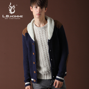  LBHOMME 针织开衫韩版男式外套 羊羔绒翻领加厚针织线衫毛衣男装