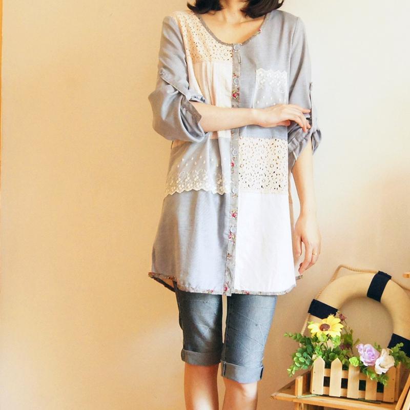 韩版蕾丝拼色大格子...