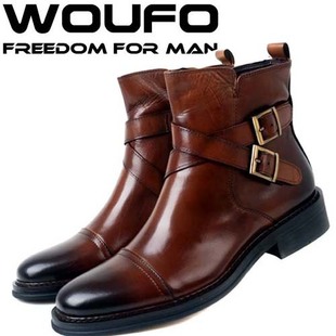  WOUFO 正品 英伦皮鞋男 经典搭扣高帮皮鞋男真皮户外短靴子 男靴