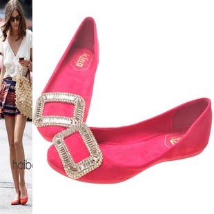  名媛淑女RogerO Vivierg方扣水钻绒面平底单鞋女鞋 平跟婚鞋