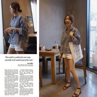 k790韩国女装2024格子纯棉，宽松前短后长长袖，春夏女衬衫防晒