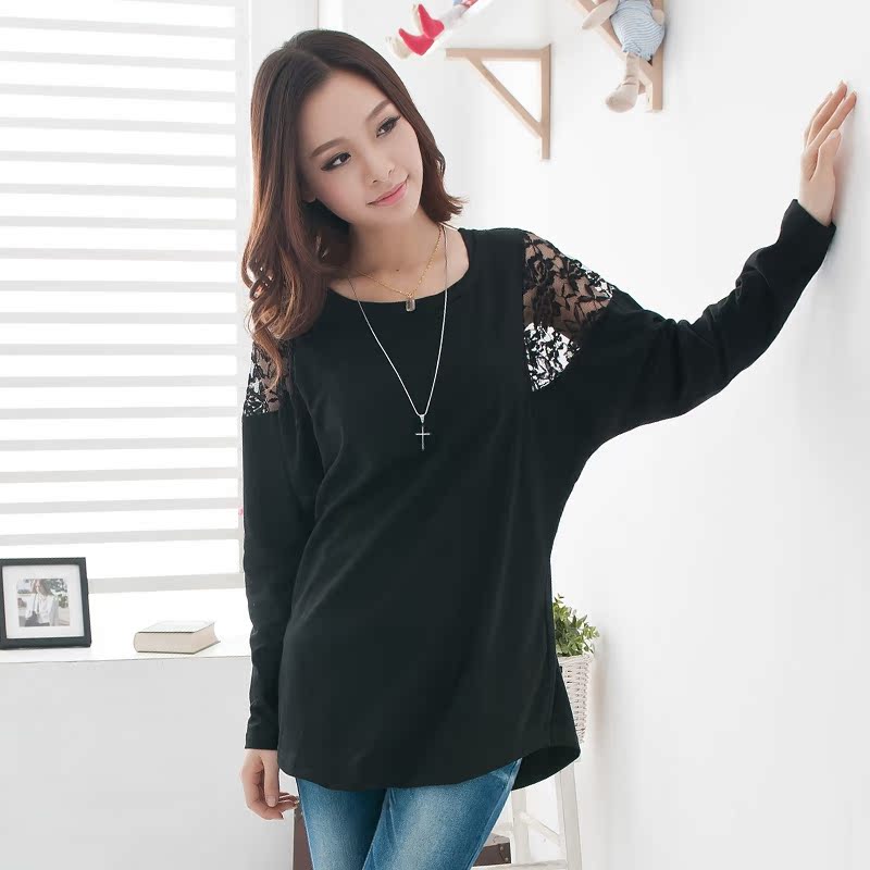 宽松蕾丝拼接圆领...