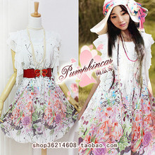 韩国SZ粉蜡笔水墨印花 三款入清丽山茶花朵蝴蝶袖灯笼连衣裙实拍