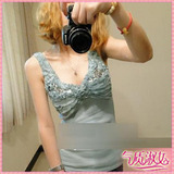 韩版女装2012新款春装性感亮片花朵深V领小背心【双金冠】T347