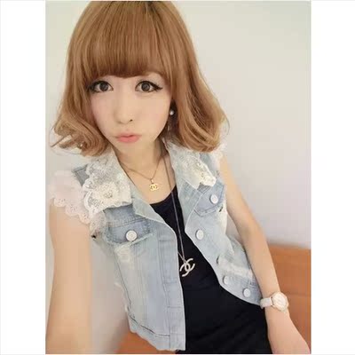 <em>夏装</em>韩版短外套牛仔<em>马甲女款</em>无袖蕾丝拼接<em>马夹</em>