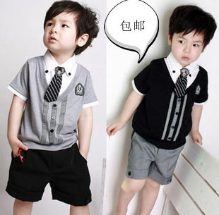  儿童装男童夏装学院风套装纯棉短袖T恤+短裤+领带演出服花童礼服