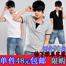 古由卡2012夏装新款韩版男装潮男士假两件V领短袖T恤纯棉修身6079