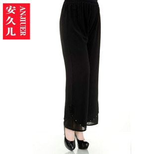  中老年女裤夏季乔其丝九分裤妈妈裤松紧腰加肥加大中年女装