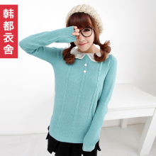 韩都衣舍正品 2012新款女式春装毛衣女韩版潮蕾丝娃娃领纯色毛衣
