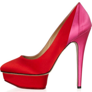  红色高跟鞋婚鞋拼色新娘鞋高跟时装鞋绑带礼服鞋撞色女鞋宴会单鞋