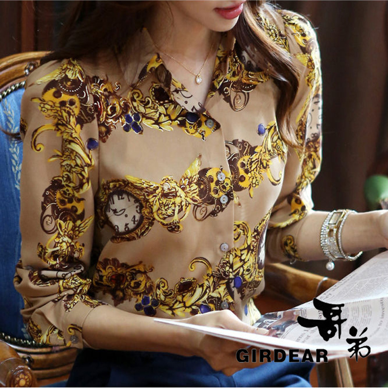 哥弟2014新款女士碎花立领上衣长袖雪纺真丝