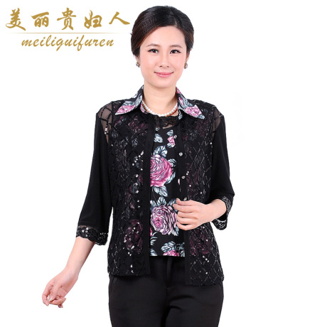 美丽贵妇人中老年女装春夏装假两件亮片衬衫套